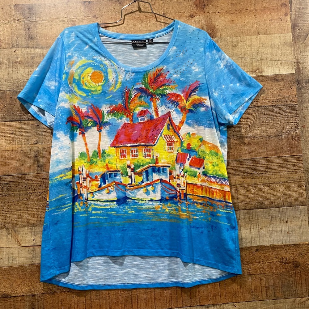 Onque Colorful Tropical Print Embellished Top Size 2XL